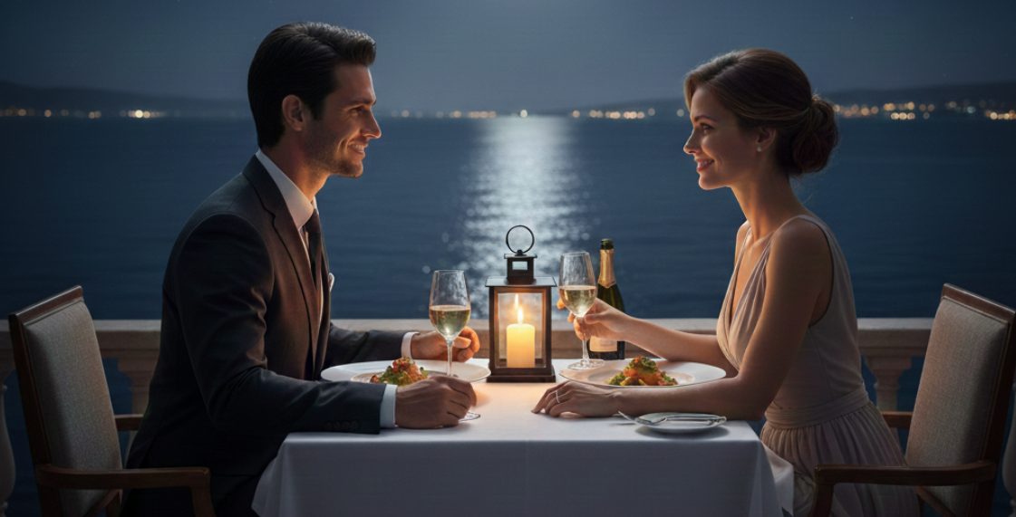 Pareja teniendo una conversación íntima durante una cena